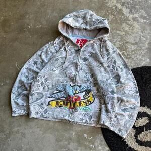 Ed Hardy Gray Graphic Zip-Up Hoodie with Multicolor Front Print